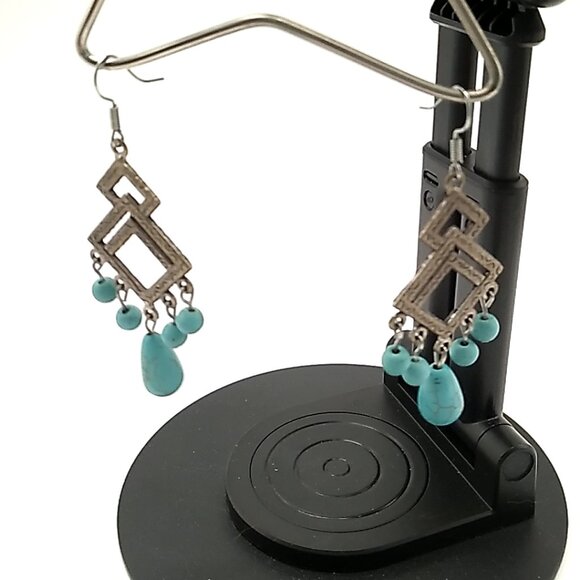 Turquoise Antique Silver Dangle Earrings 2.25" Drop - Picture 4 of 14